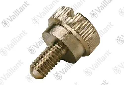 Vaillant-Schraube mit gezahntem Kopf und Gewinde. Das Bild zeigt eine metallische Schraube, die in verschiedenen Heizungsmodellen verwendet werden kann.